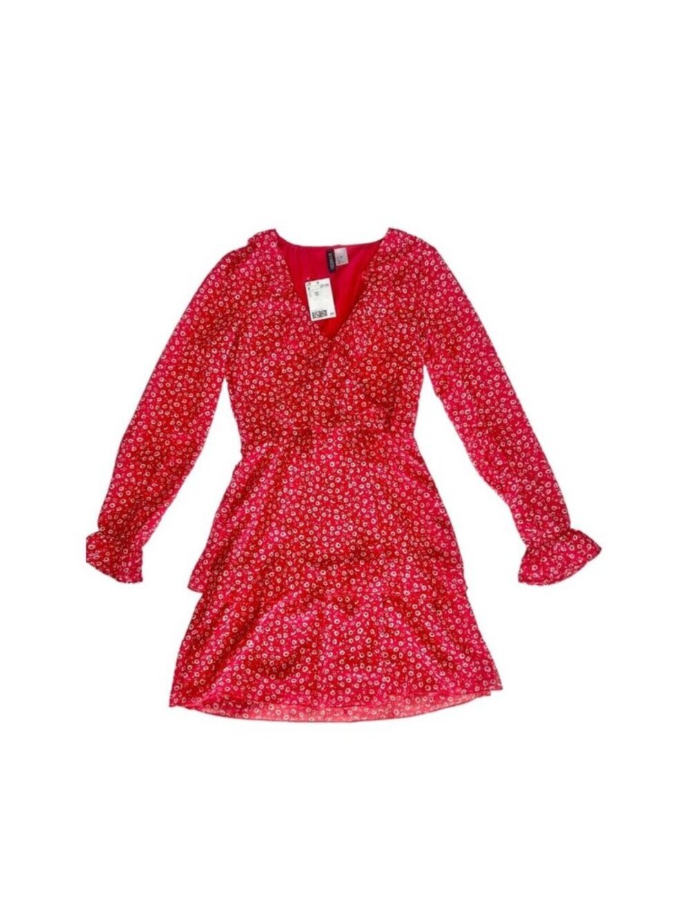 H&M Divided Red Floral Long-Sleeve Tiered Mini Dress XXS NWT - Picture 13 of 13